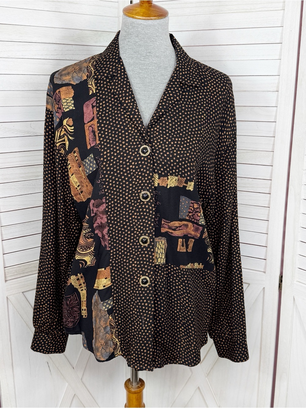 Vintage 80s‎ Connections Polka Dot Printed Patchwork Blouse Black Multi Large